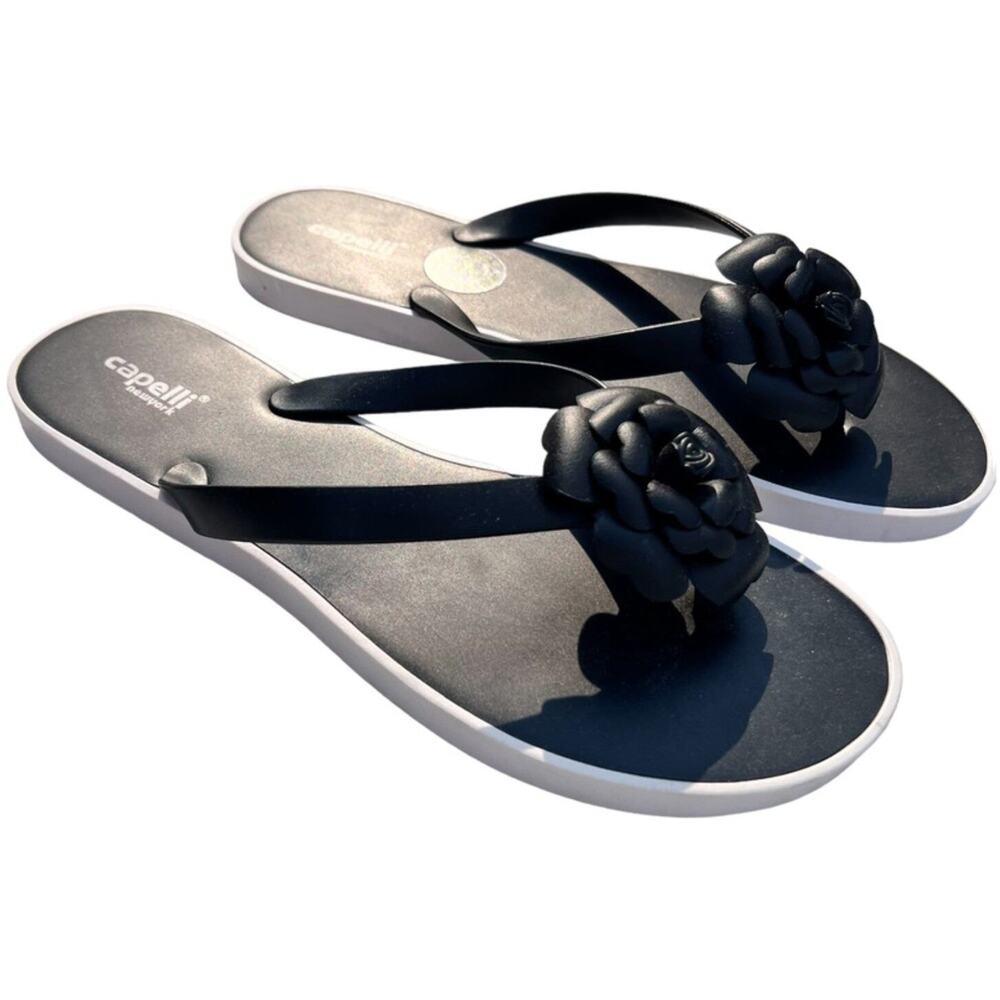 Capelli of New York Black and White Floral Flip Flop Sandals